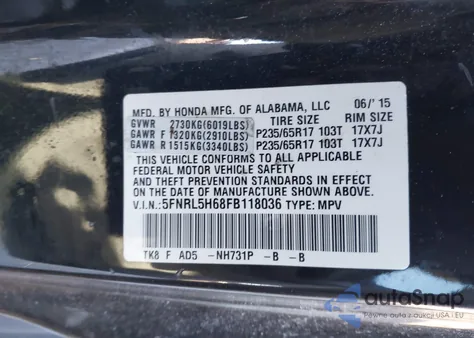2015 Honda Odyssey Ex-L z USA, uszkodzony, nr VIN 5FNRL5H68FB118036